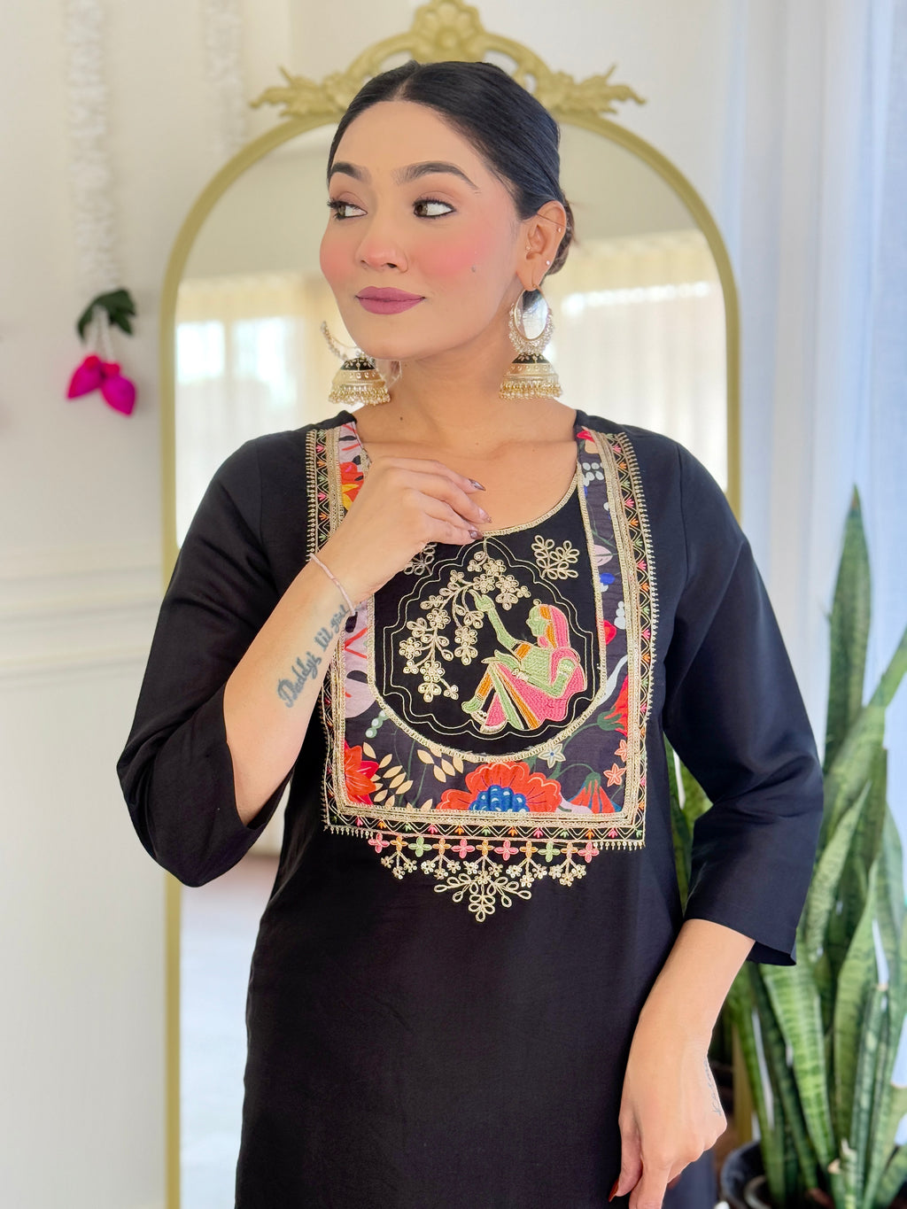 Women’s Black Pure Viscose Chanderi Kurta Set with Sequin & Coding Embroidery