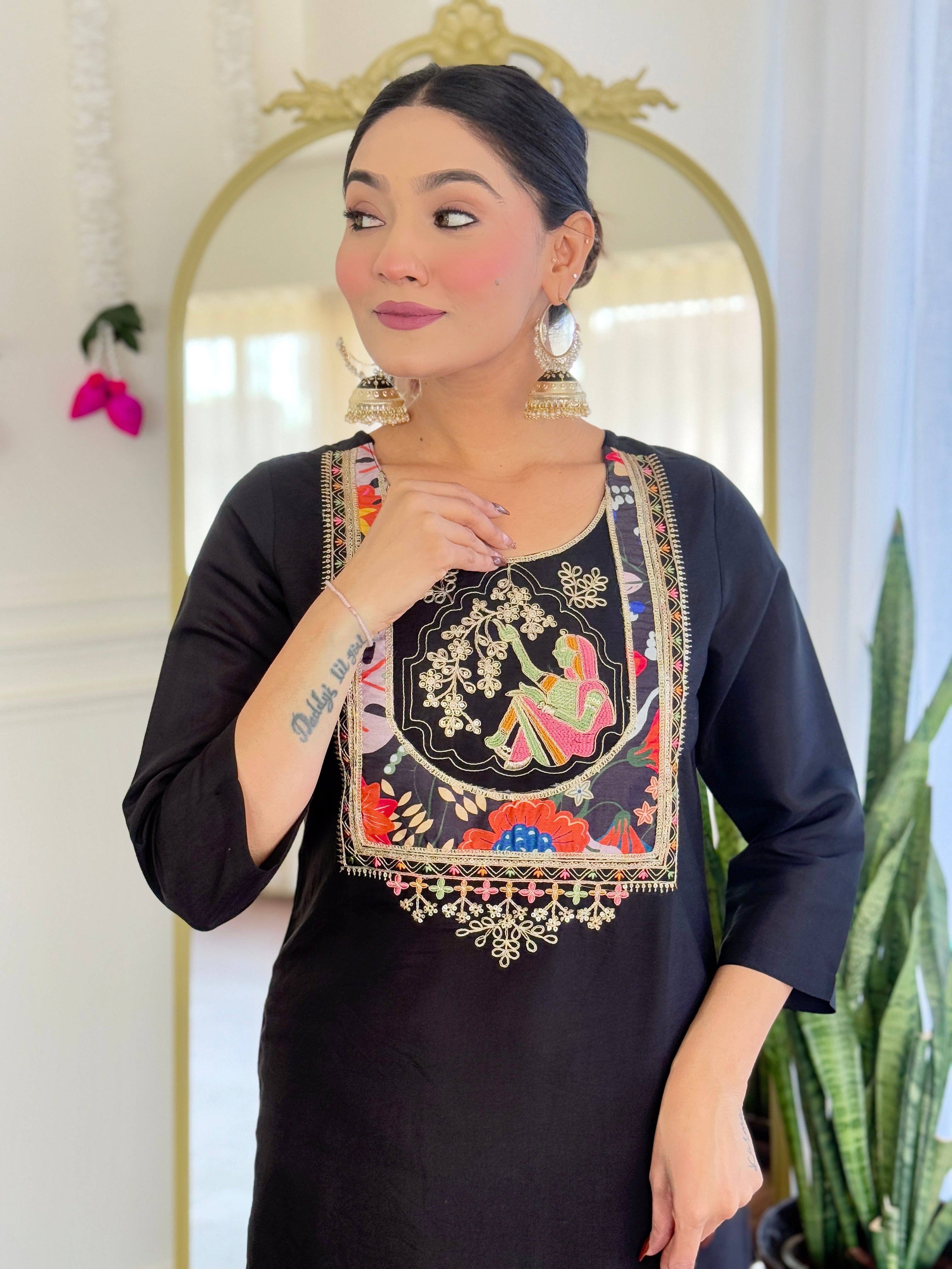 Women’s Black Pure Viscose Chanderi Kurta Set with Sequin & Coding Embroidery