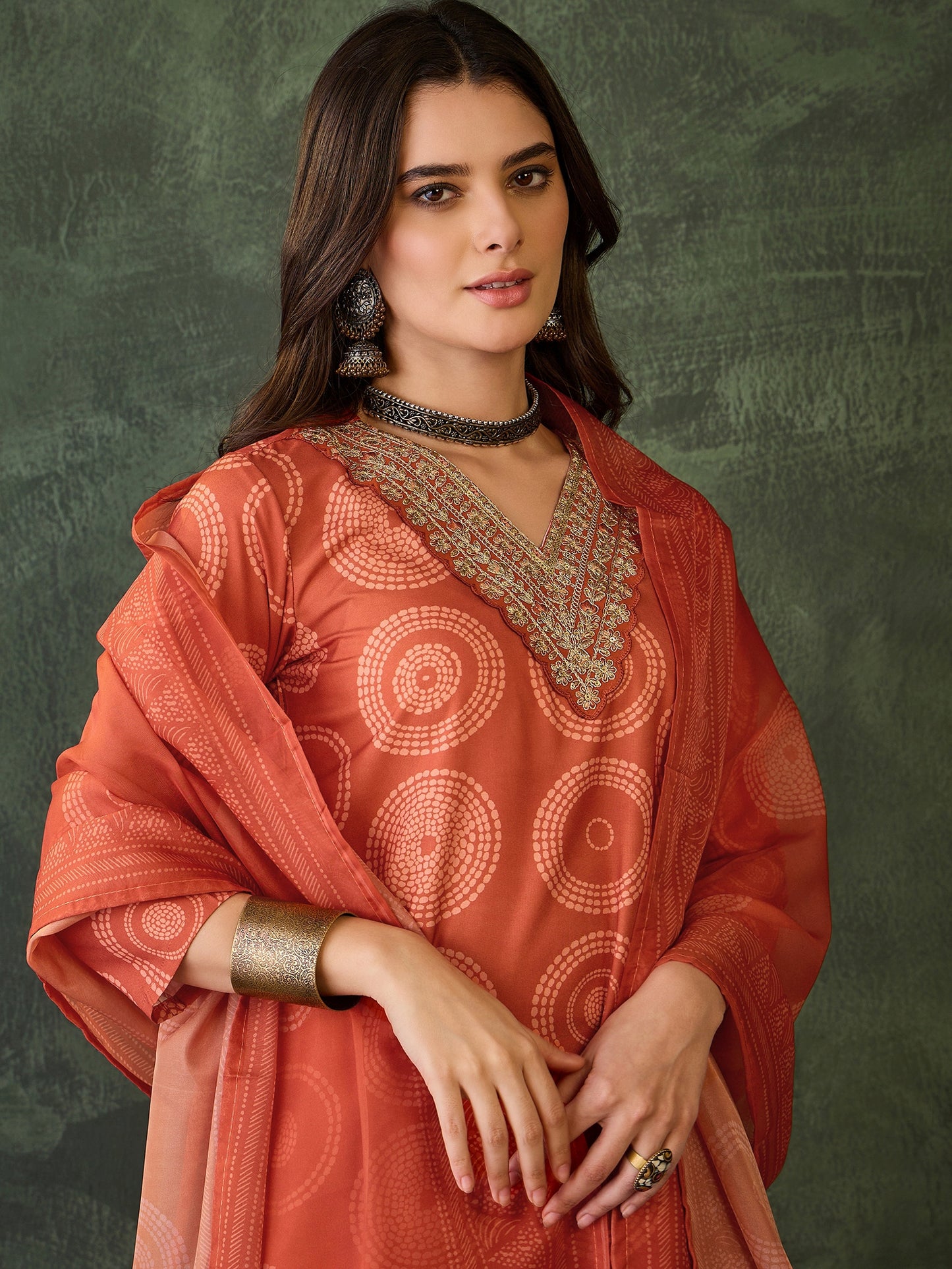 Orange Printed Kurta Set with Dupatta