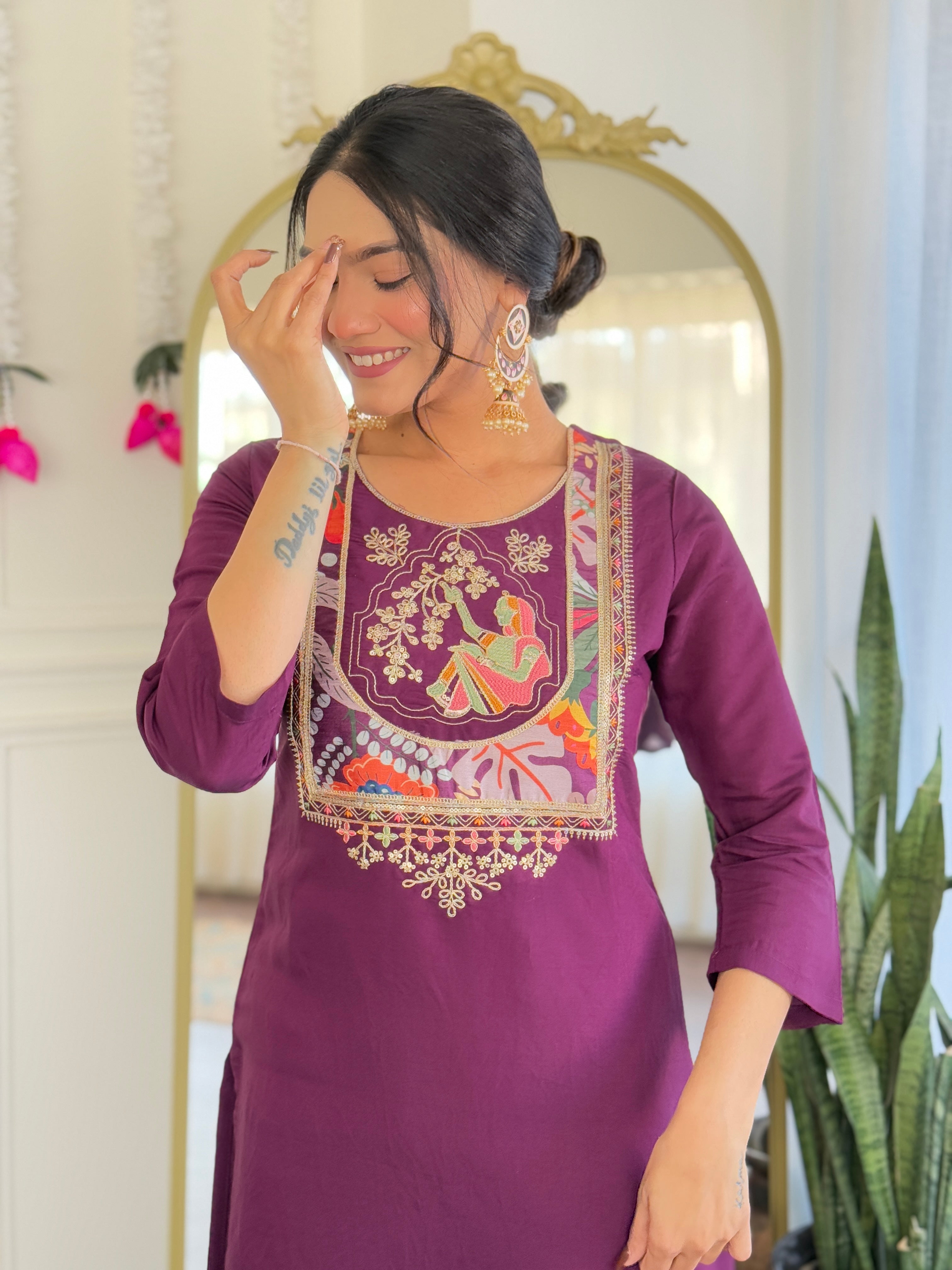 Women’s Purple Pure Viscose Chanderi Kurta Set with Sequin & Coding Embroidery