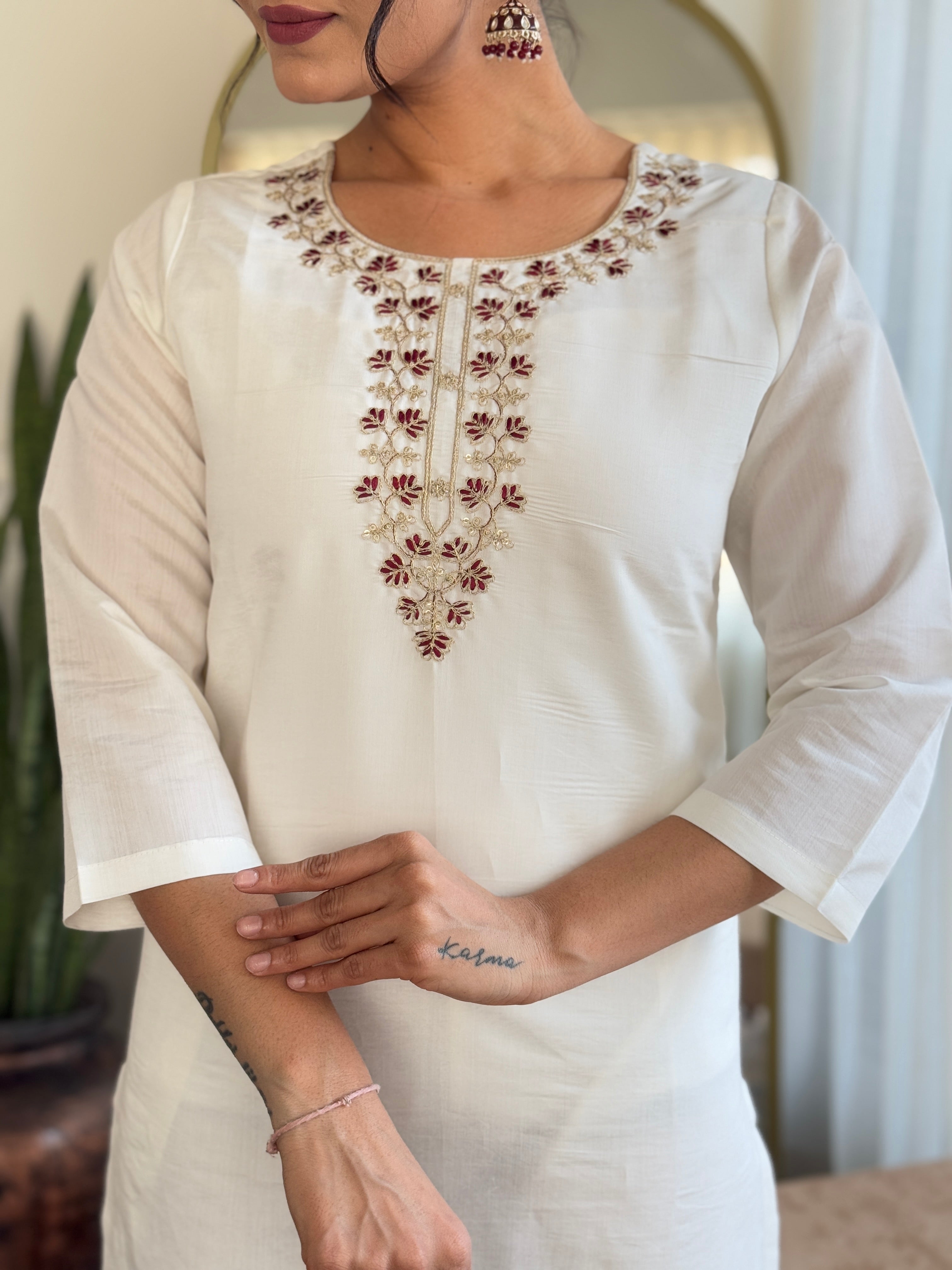 Women’s White Viscose Chanderi Kurta Set with Sequin & Coding Embroidery Work
