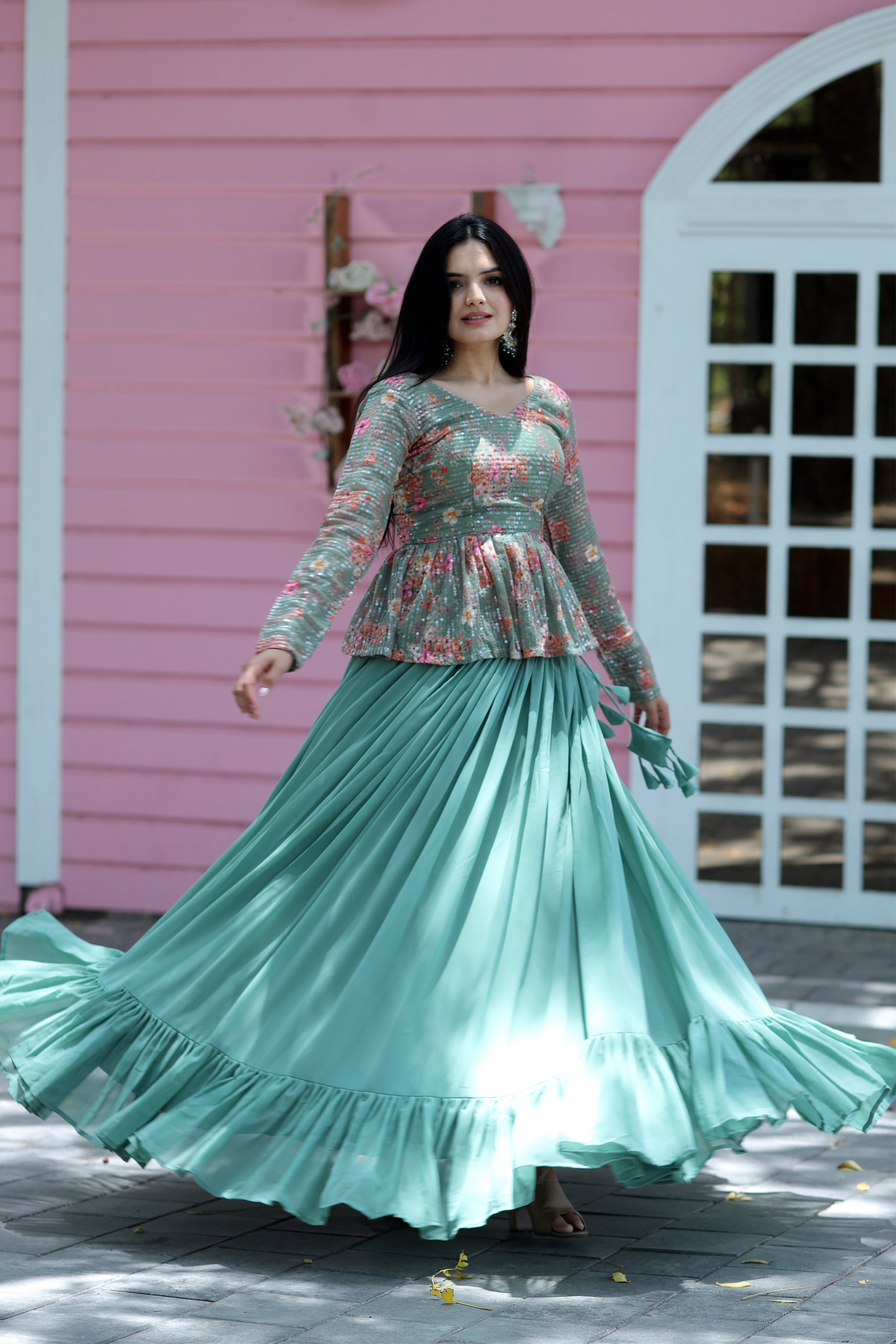 Stylish Faux Georgette Teal Lehenga with Floral Embroidered Peplum Blouse – Full Stitched Set (Adjustable Size 38"–44") | 5.5 Mtr Flair