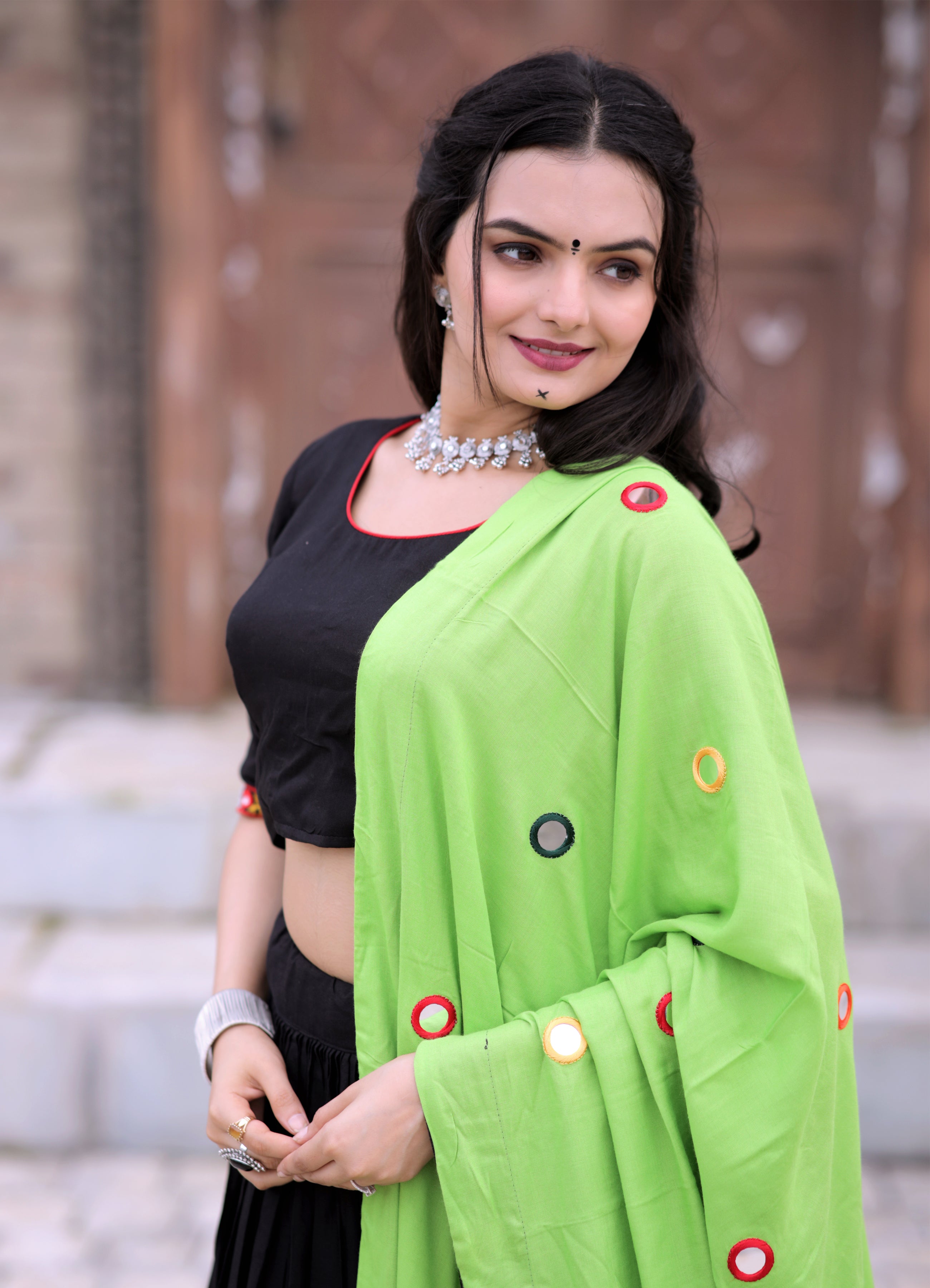 Black Reyon Mirror Work Lehenga Choli Set | Full-Stitched Lehenga & Blouse with Dupatta