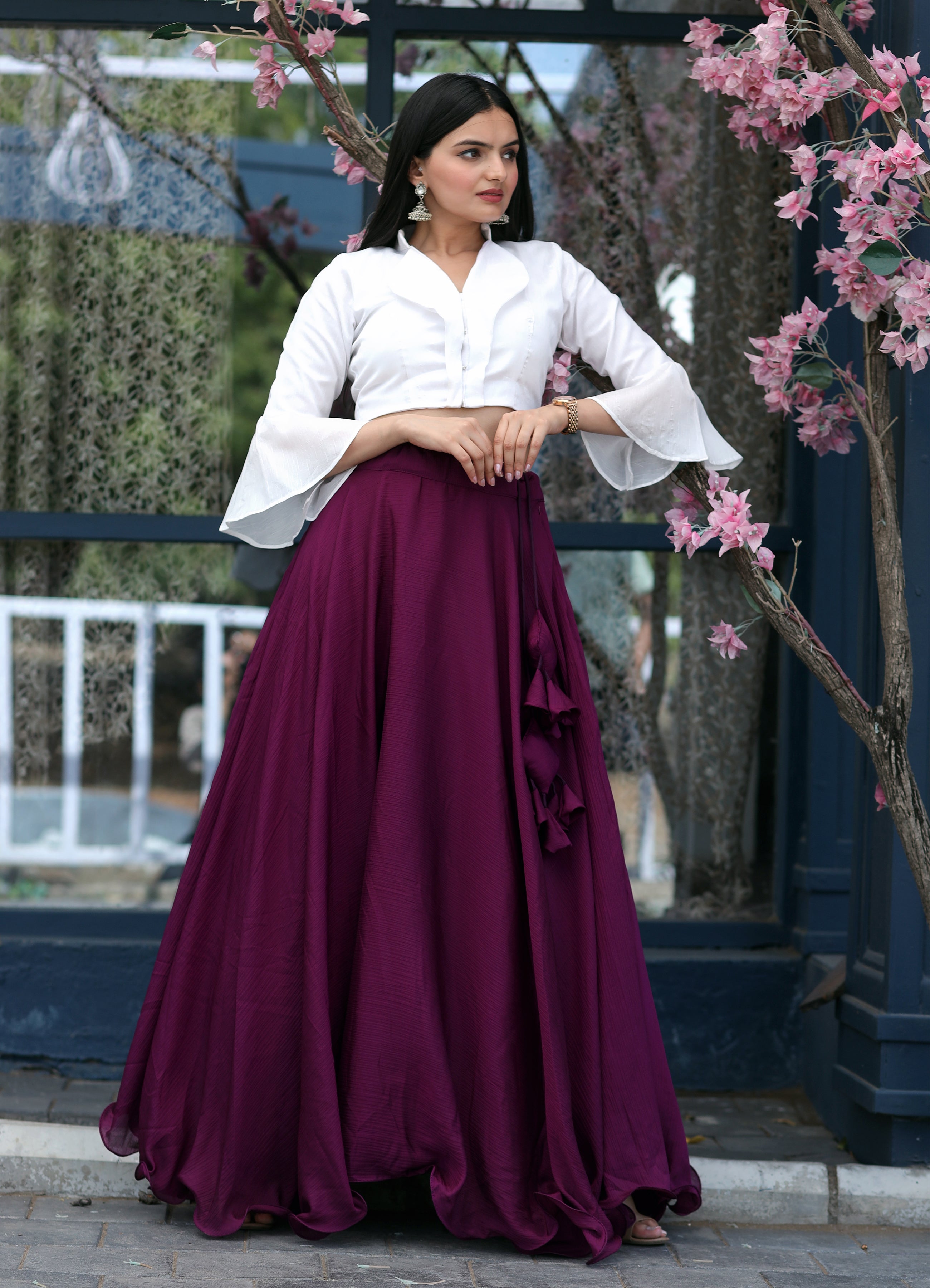 Heavy Chinnon Wine Lehenga with Designer Phantom Silk Blouse | Full-Stitched | 8.5 Mtr Flair