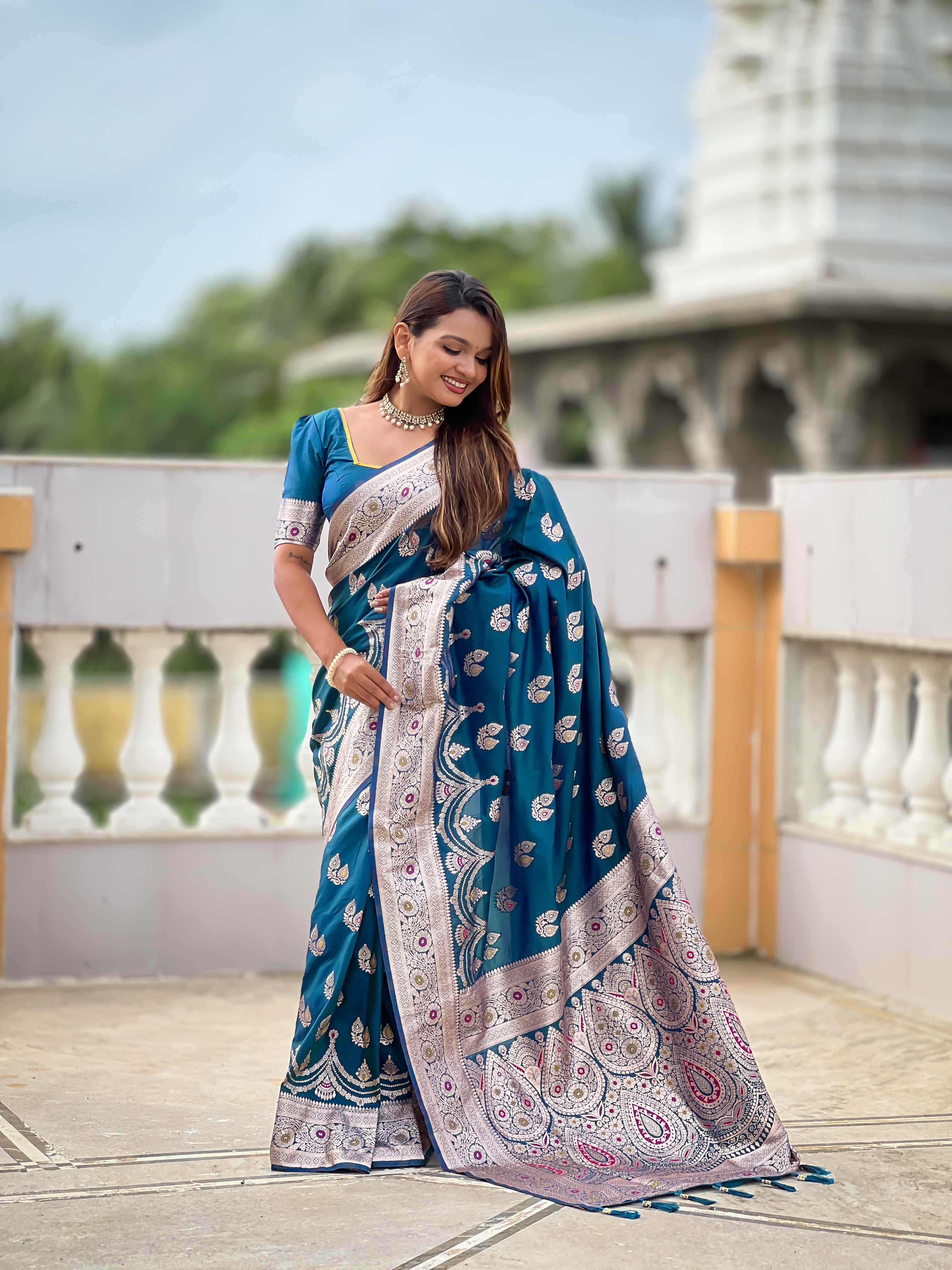 Blue Soft Banarasi Silk Saree with Meenakari Zari Work & Rich Pallu Design
