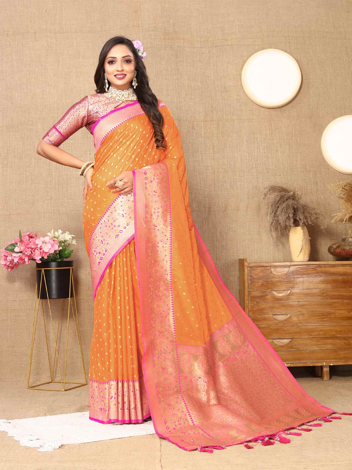 Orange Soft Silk Saree with All-Over Zari Motifs, Contrast Rich Pallu & Brocade Blouse