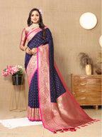 Navy Blue Soft Silk Saree with All-Over Zari Motifs, Contrast Rich Pallu & Brocade Blouse