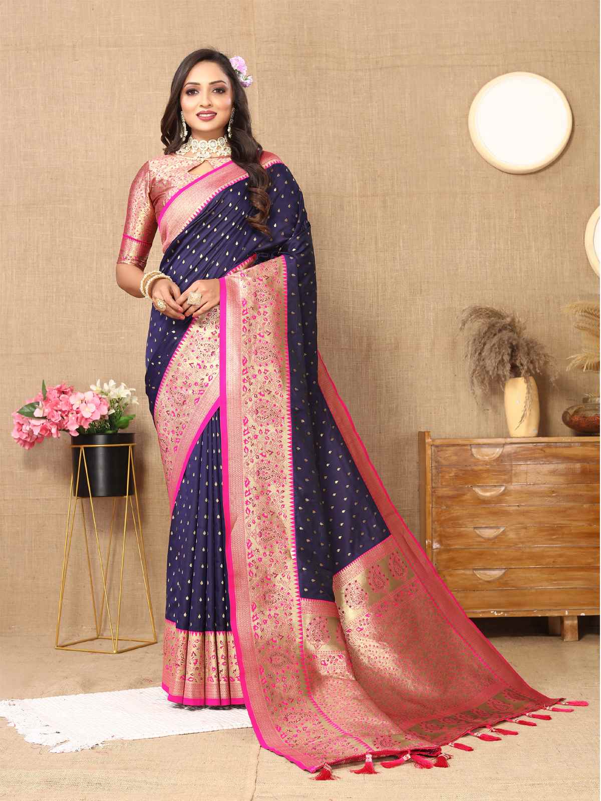 Navy Blue Soft Silk Saree with All-Over Zari Motifs, Contrast Rich Pallu & Brocade Blouse