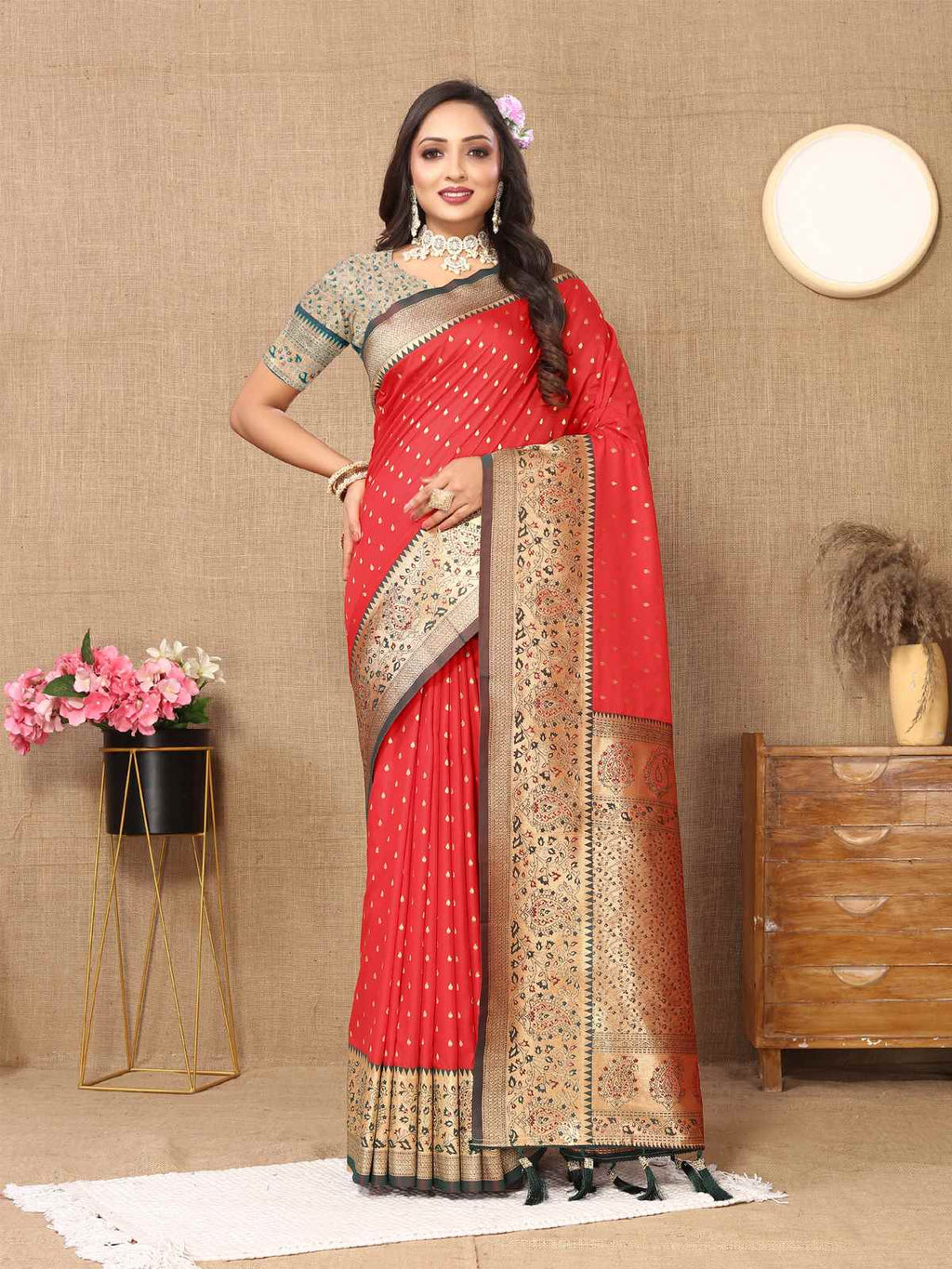 Red Soft Silk Saree with All-Over Zari Motifs, Contrast Rich Pallu & Brocade Blouse
