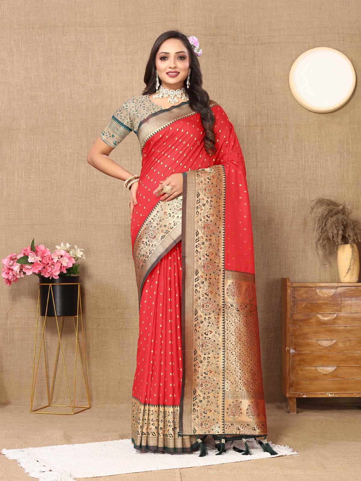 Red Soft Silk Saree with All-Over Zari Motifs, Contrast Rich Pallu & Brocade Blouse
