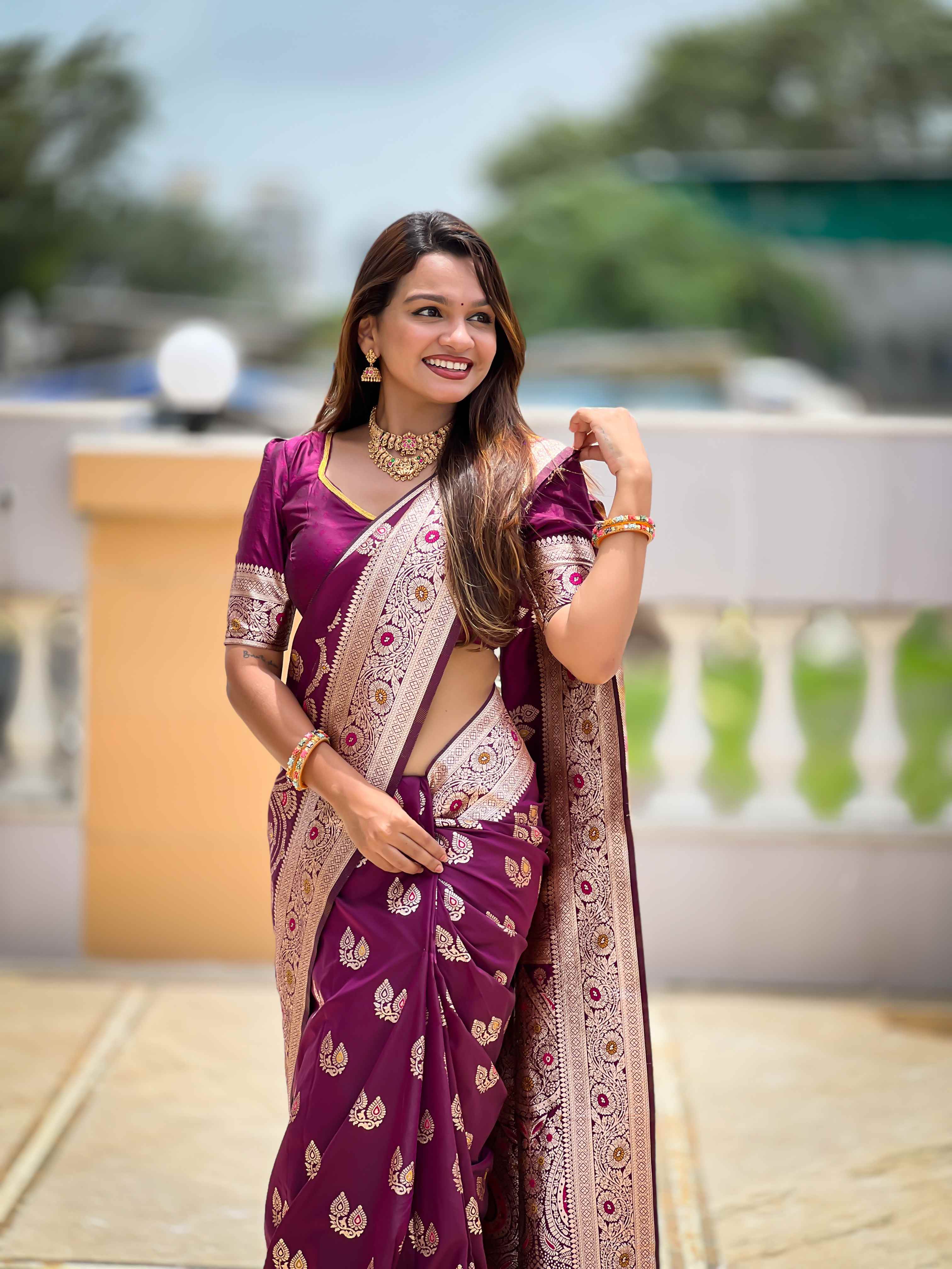 Wine Soft Banarasi Silk Saree with Meenakari Zari Work & Rich Pallu Design
