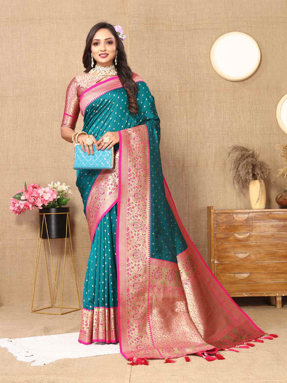 Rama Soft Silk Saree with All-Over Zari Motifs, Contrast Rich Pallu & Brocade Blouse