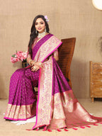 Wine Soft Silk Saree with All-Over Zari Motifs, Contrast Rich Pallu & Brocade Blouse