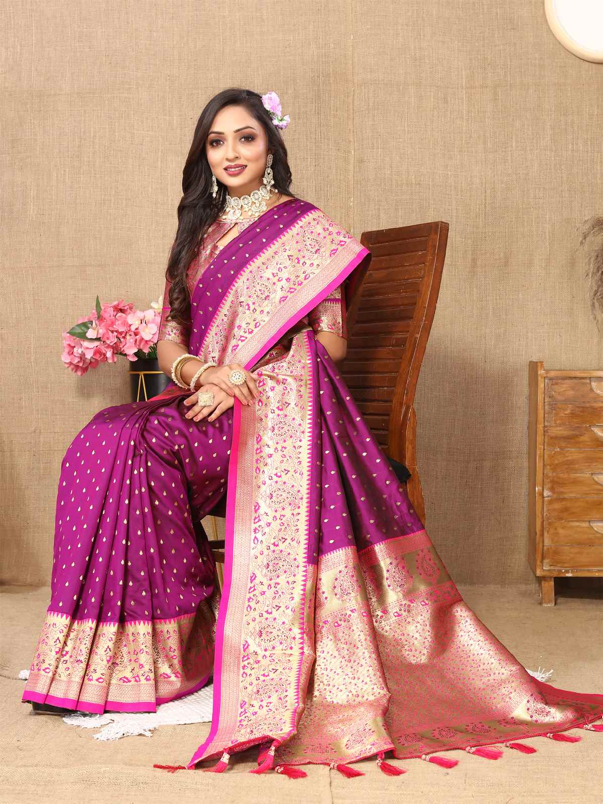 Wine Soft Silk Saree with All-Over Zari Motifs, Contrast Rich Pallu & Brocade Blouse