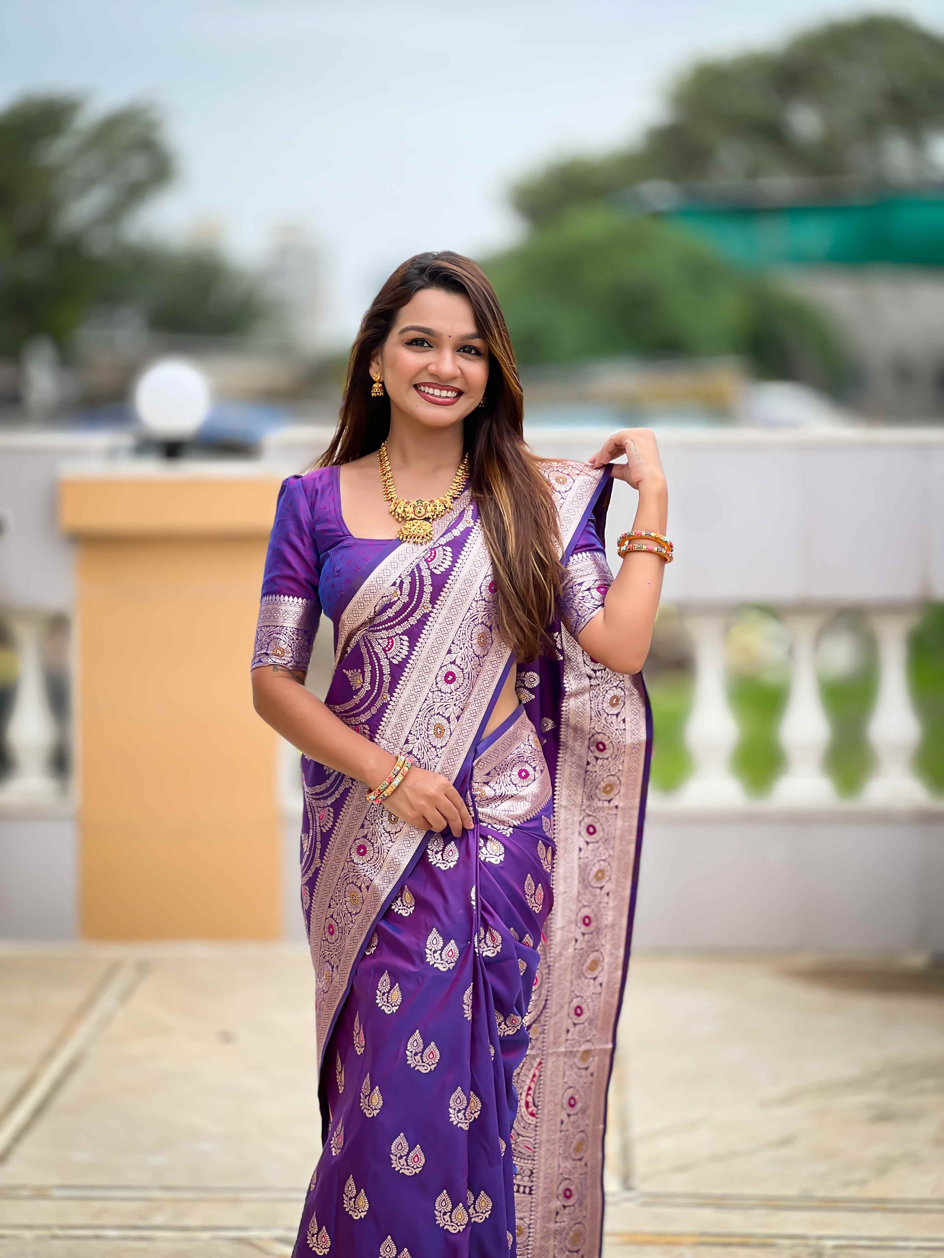 Purple Soft Banarasi Silk Saree with Meenakari Zari Work & Rich Pallu Design