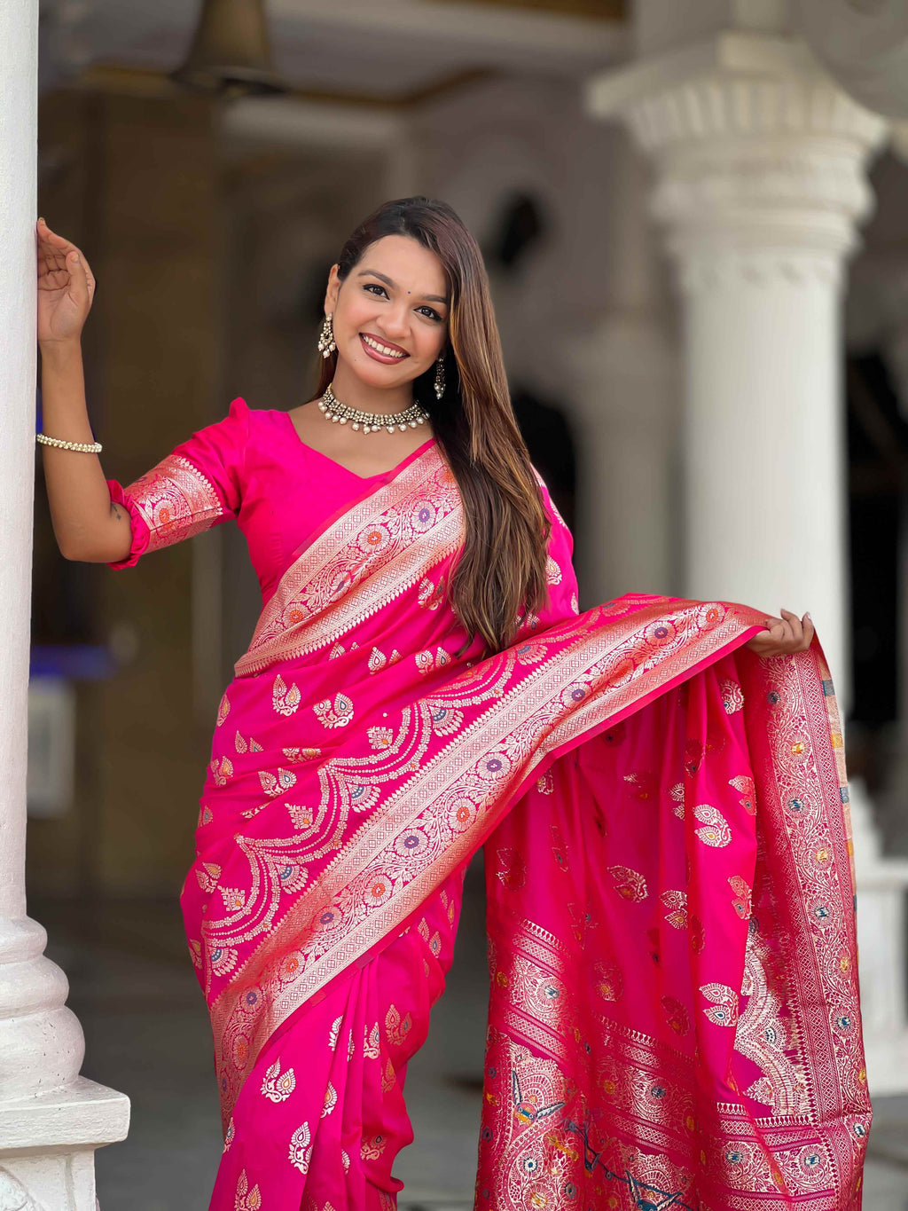 Pink Soft Banarasi Silk Saree with Meenakari Zari Work & Rich Pallu Design