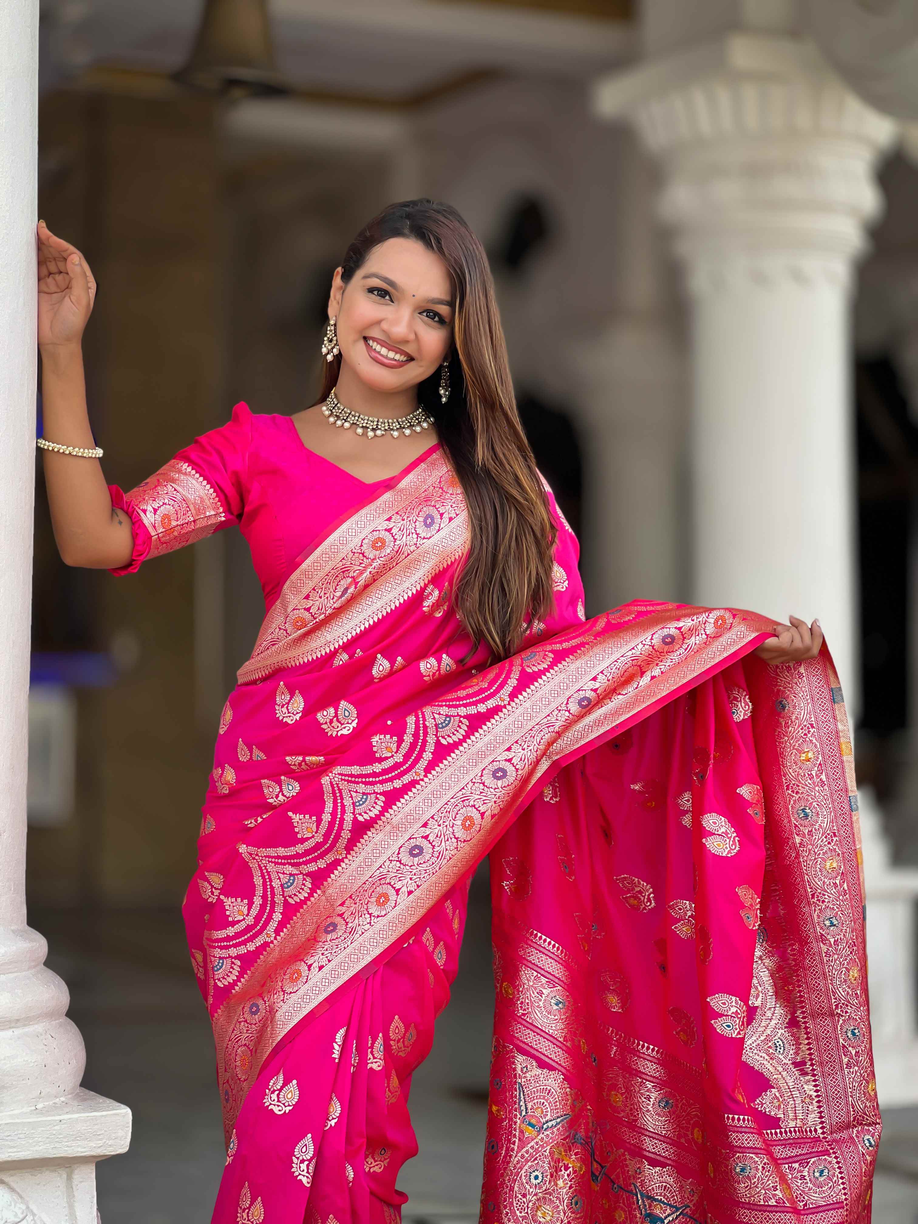 Pink Soft Banarasi Silk Saree with Meenakari Zari Work & Rich Pallu Design