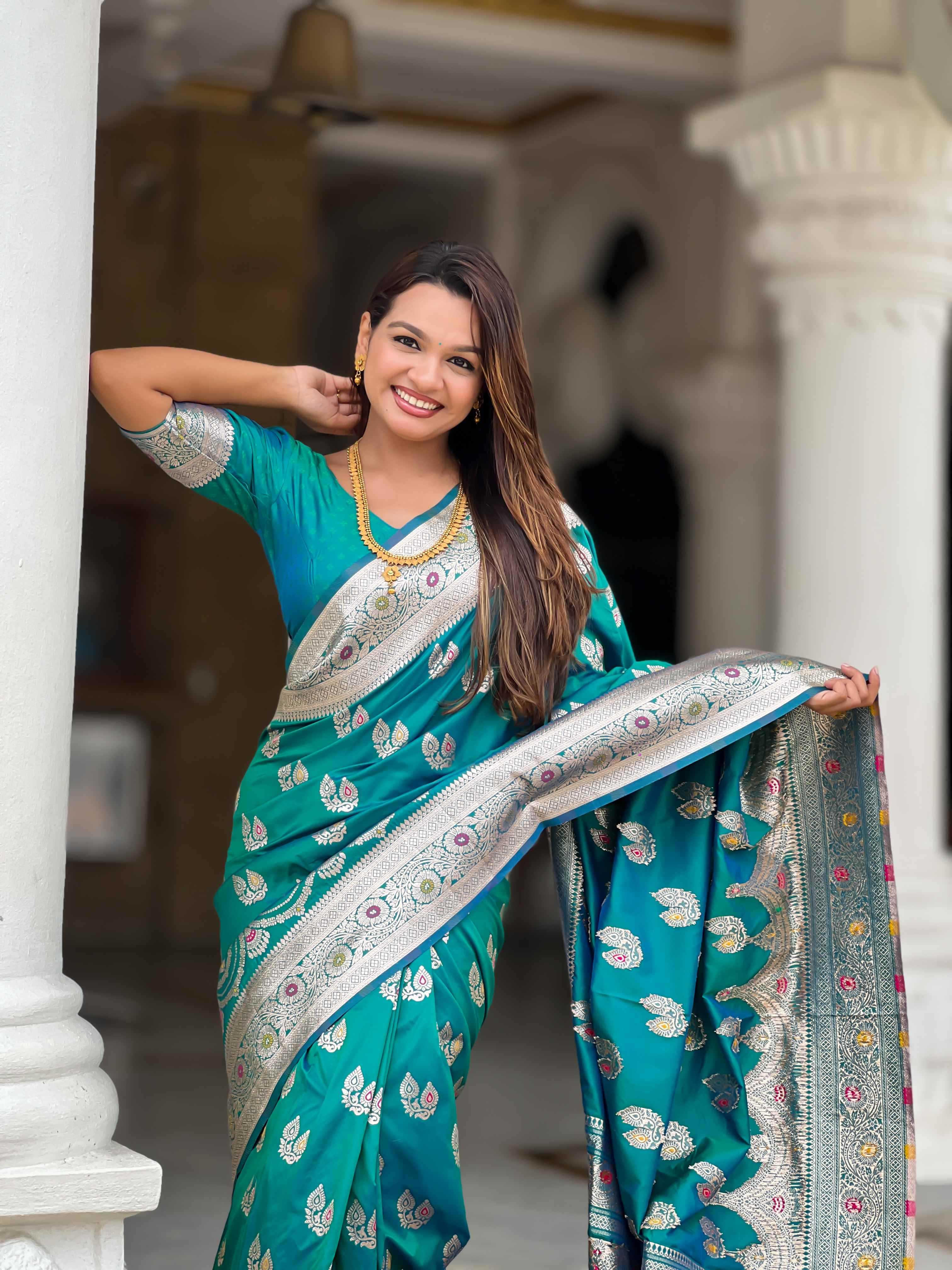 Sky Blue Soft Banarasi Silk Saree with Meenakari Zari Work & Rich Pallu Design
