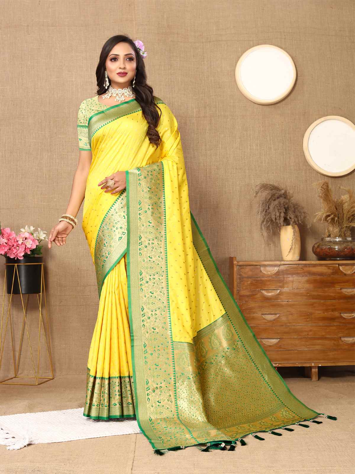 Lemon Yellow Soft Silk Saree with All-Over Zari Motifs, Contrast Rich Pallu & Brocade Blouse