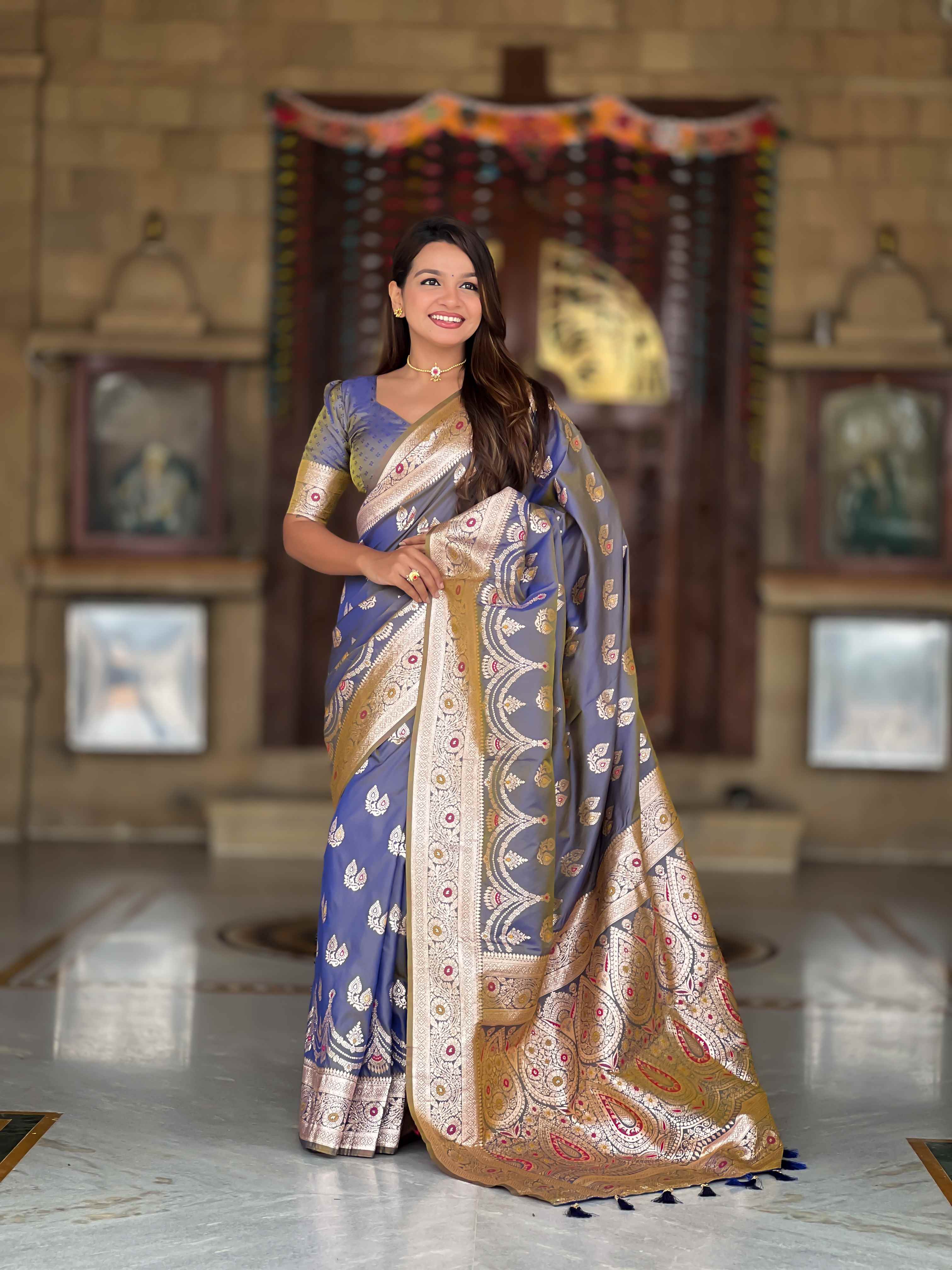 Grey Soft Banarasi Silk Saree with Meenakari Zari Work & Rich Pallu Design