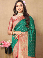 Green Soft Silk Saree with All-Over Zari Motifs, Contrast Rich Pallu & Brocade Blouse