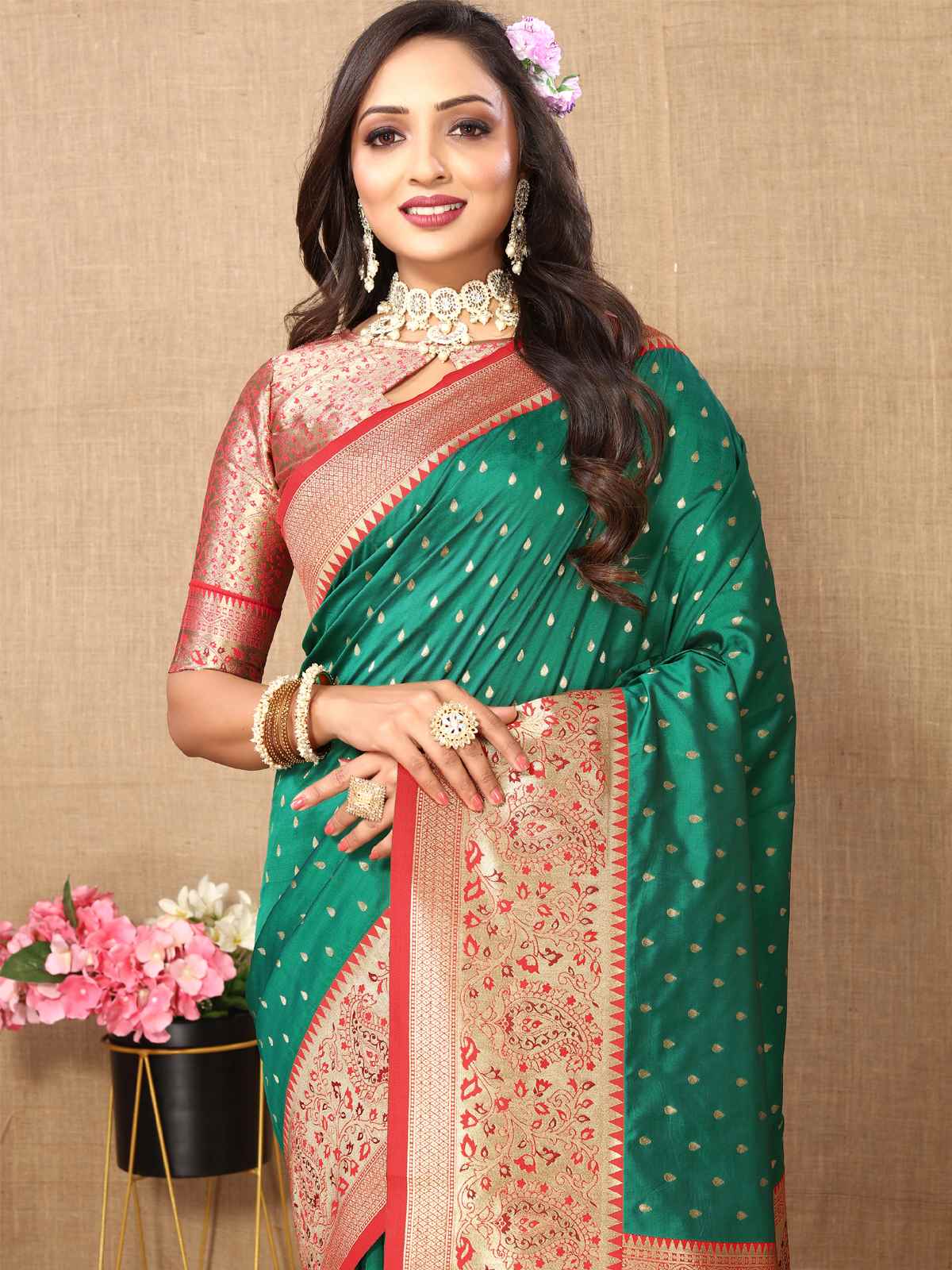 Green Soft Silk Saree with All-Over Zari Motifs, Contrast Rich Pallu & Brocade Blouse