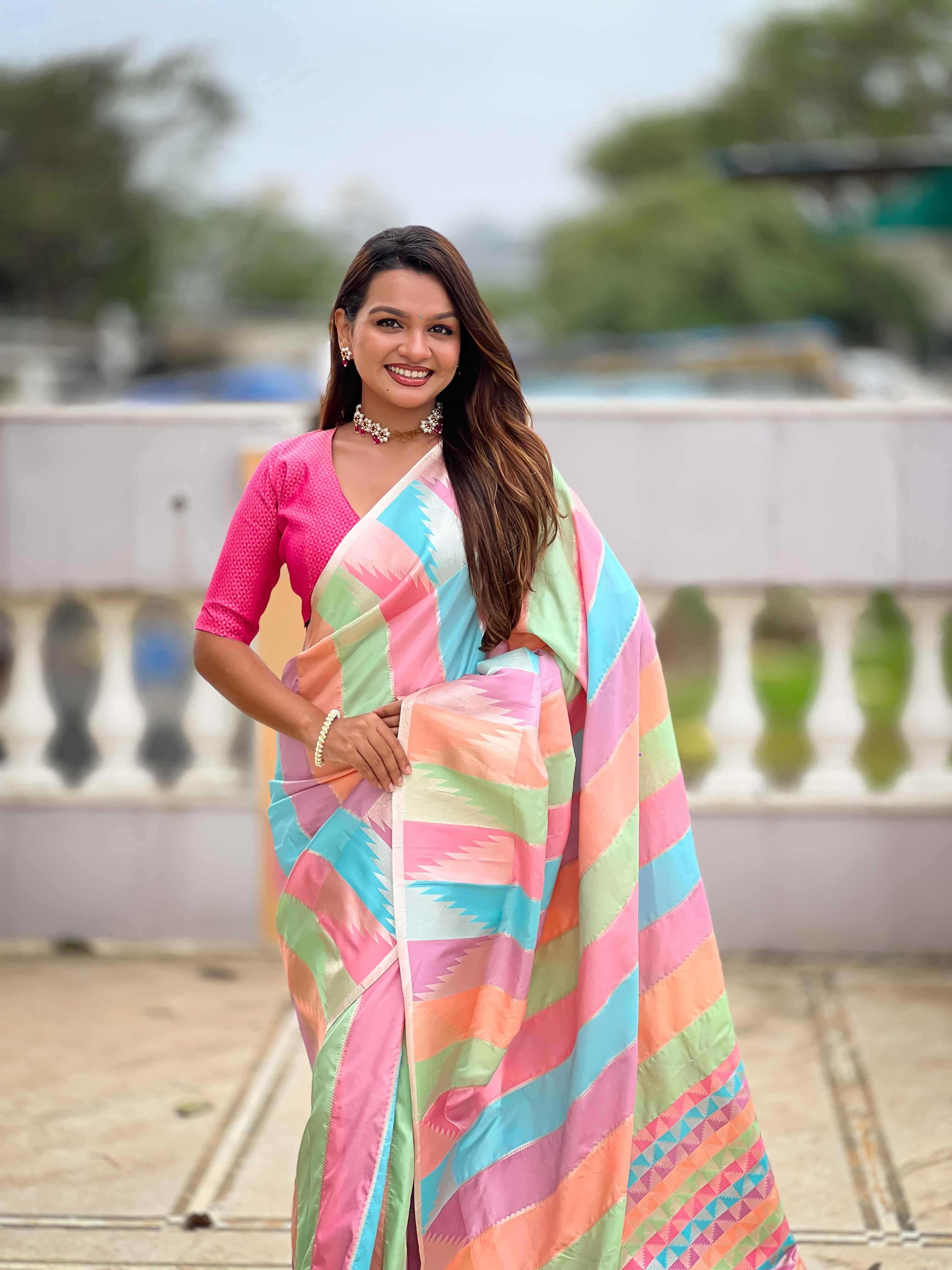 Multi Soft kanjivaram paithani silk saree with zari weaving Meenakari design all over the saree & Meenakari weawing Rich pallu with Meenakari weawing swan border & tessels attached at Pallu End. Blouse :- Soft silk weawing blouse piece