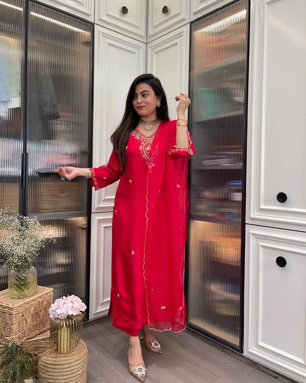 Women’s Red Designer Rayon Kurta Set with Embroidery & Sheer Organza Dupatta