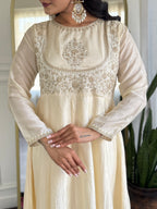 Women’s Cream Festive Vichitra Silk Kurta Set with Embroidered Cut-Work Dupatta