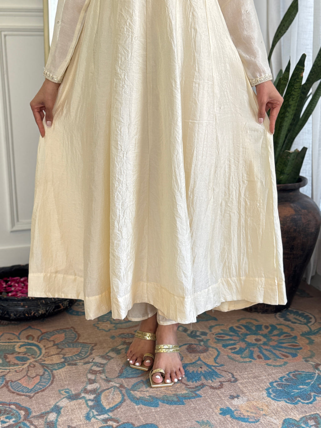 Women’s Cream Festive Vichitra Silk Kurta Set with Embroidered Cut-Work Dupatta