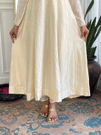 Women’s Cream Festive Vichitra Silk Kurta Set with Embroidered Cut-Work Dupatta