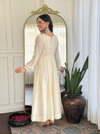 Women’s Cream Festive Vichitra Silk Kurta Set with Embroidered Cut-Work Dupatta