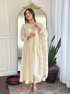 Women’s Cream Festive Vichitra Silk Kurta Set with Embroidered Cut-Work Dupatta