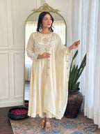 Women’s Cream Festive Vichitra Silk Kurta Set with Embroidered Cut-Work Dupatta