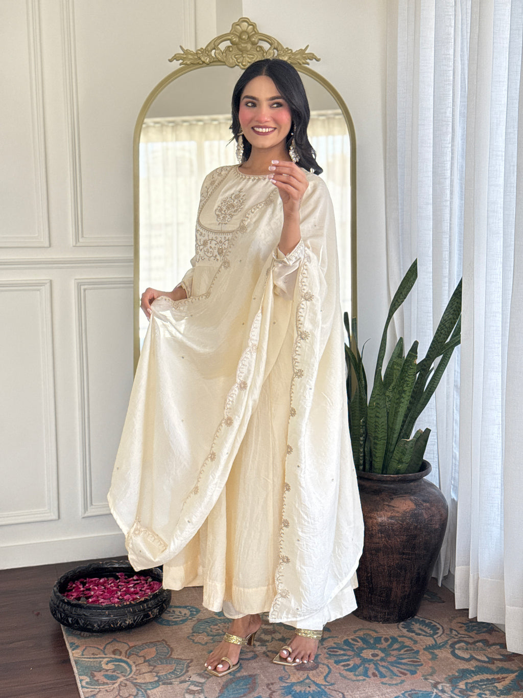 Women’s Cream Festive Vichitra Silk Kurta Set with Embroidered Cut-Work Dupatta