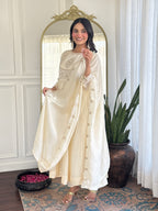 Women’s Cream Festive Vichitra Silk Kurta Set with Embroidered Cut-Work Dupatta