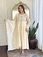 Women’s Cream Festive Vichitra Silk Kurta Set with Embroidered Cut-Work Dupatta