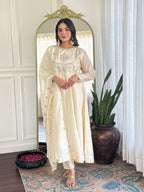 Women’s Cream Festive Vichitra Silk Kurta Set with Embroidered Cut-Work Dupatta