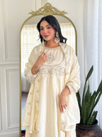 Women’s Cream Festive Vichitra Silk Kurta Set with Embroidered Cut-Work Dupatta