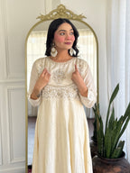 Women’s Cream Festive Vichitra Silk Kurta Set with Embroidered Cut-Work Dupatta