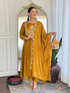 Women’s Mustard Festive Vichitra Silk Kurta Set with Embroidered Cut-Work Dupatta