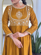 Women’s Mustard Festive Vichitra Silk Kurta Set with Embroidered Cut-Work Dupatta