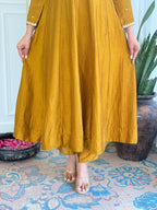 Women’s Mustard Festive Vichitra Silk Kurta Set with Embroidered Cut-Work Dupatta
