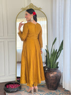 Women’s Mustard Festive Vichitra Silk Kurta Set with Embroidered Cut-Work Dupatta