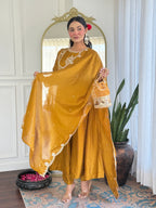 Women’s Mustard Festive Vichitra Silk Kurta Set with Embroidered Cut-Work Dupatta