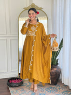 Women’s Mustard Festive Vichitra Silk Kurta Set with Embroidered Cut-Work Dupatta