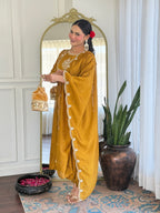 Women’s Mustard Festive Vichitra Silk Kurta Set with Embroidered Cut-Work Dupatta