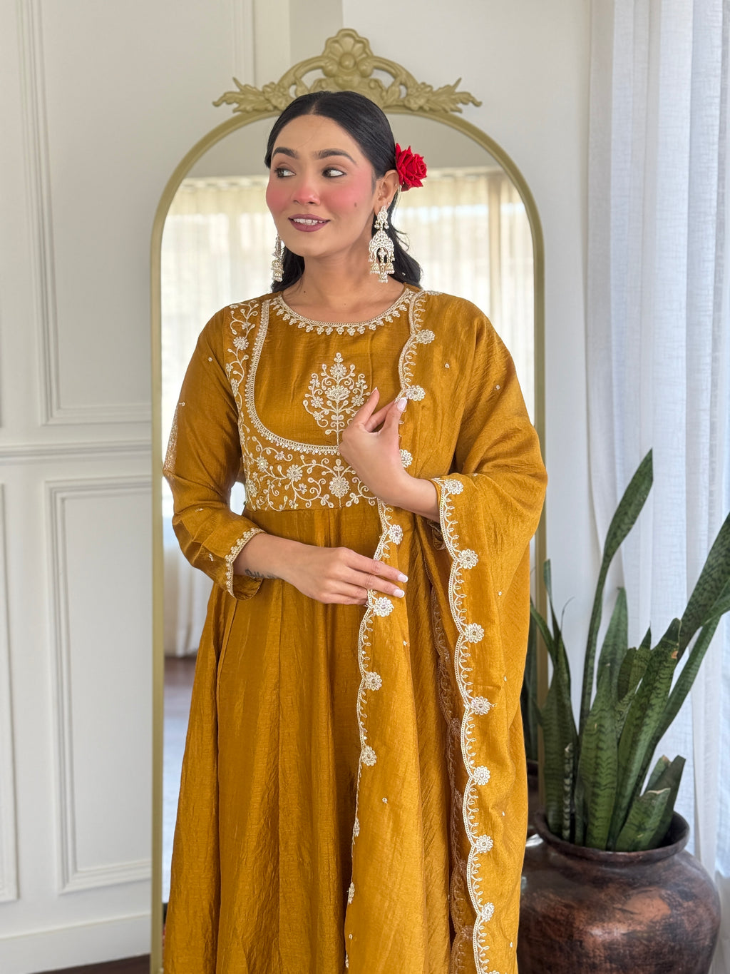 Women’s Mustard Festive Vichitra Silk Kurta Set with Embroidered Cut-Work Dupatta