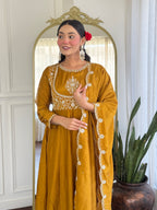 Women’s Mustard Festive Vichitra Silk Kurta Set with Embroidered Cut-Work Dupatta