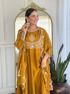 Women’s Mustard Festive Vichitra Silk Kurta Set with Embroidered Cut-Work Dupatta